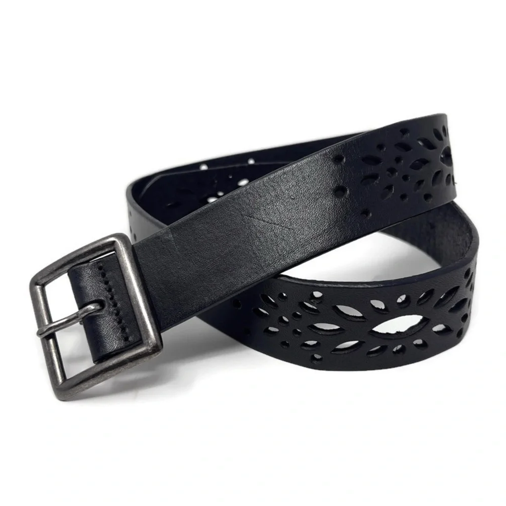 Express Black Cutout Leather‎ Belt | Western Boho Laser Cut | Silver Buckle